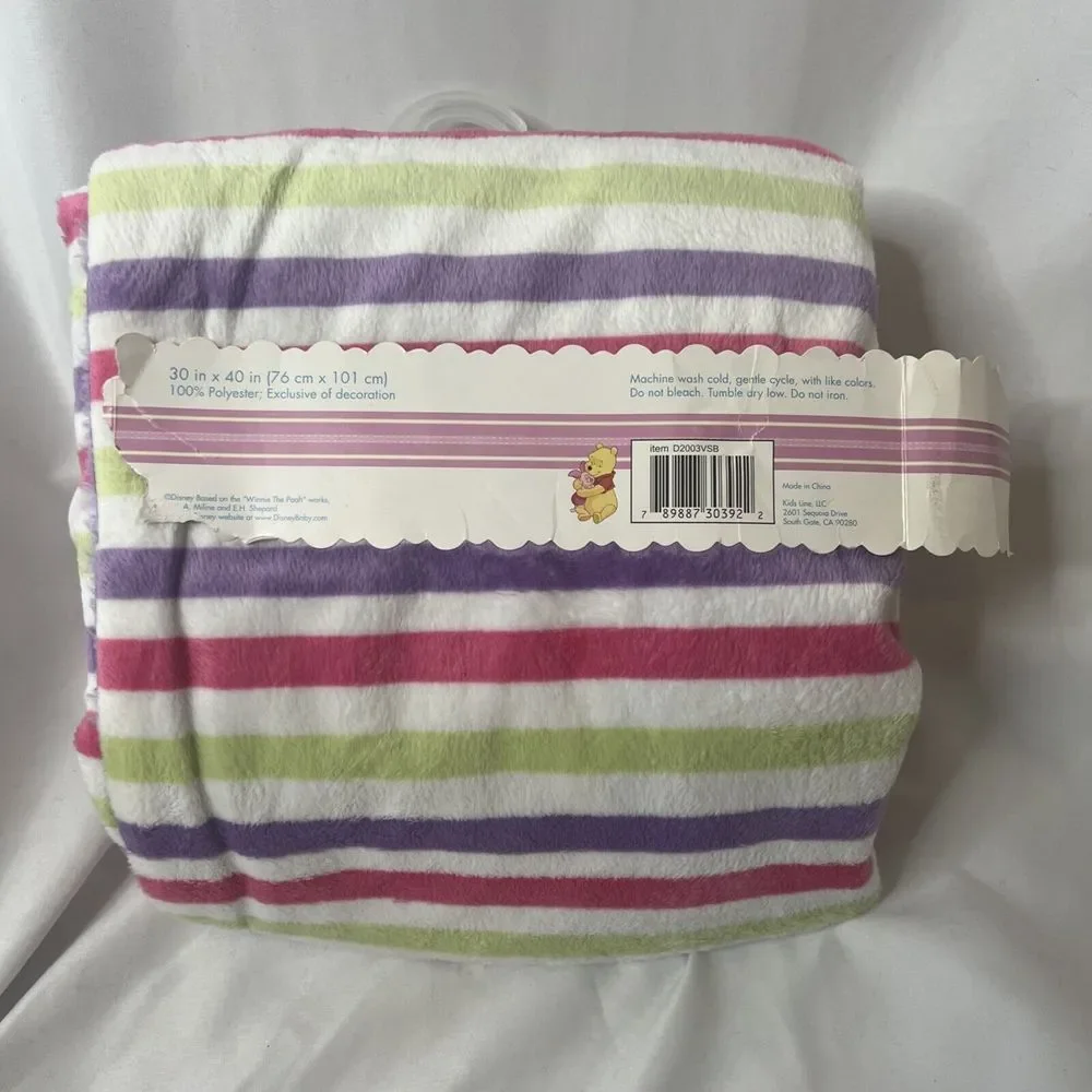 Disney Winnie The Pooh Piglet Pink Purple Green White Stripe Baby Blanket 30x40